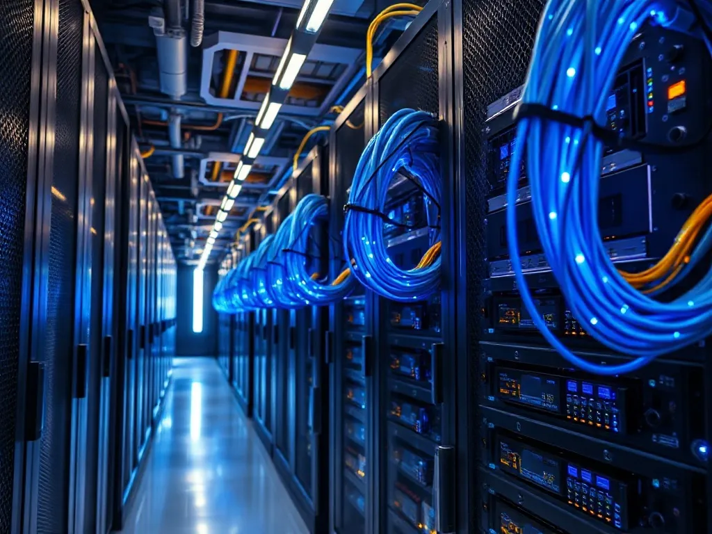 A high-tech server room with glowing blue and gold fiber opt