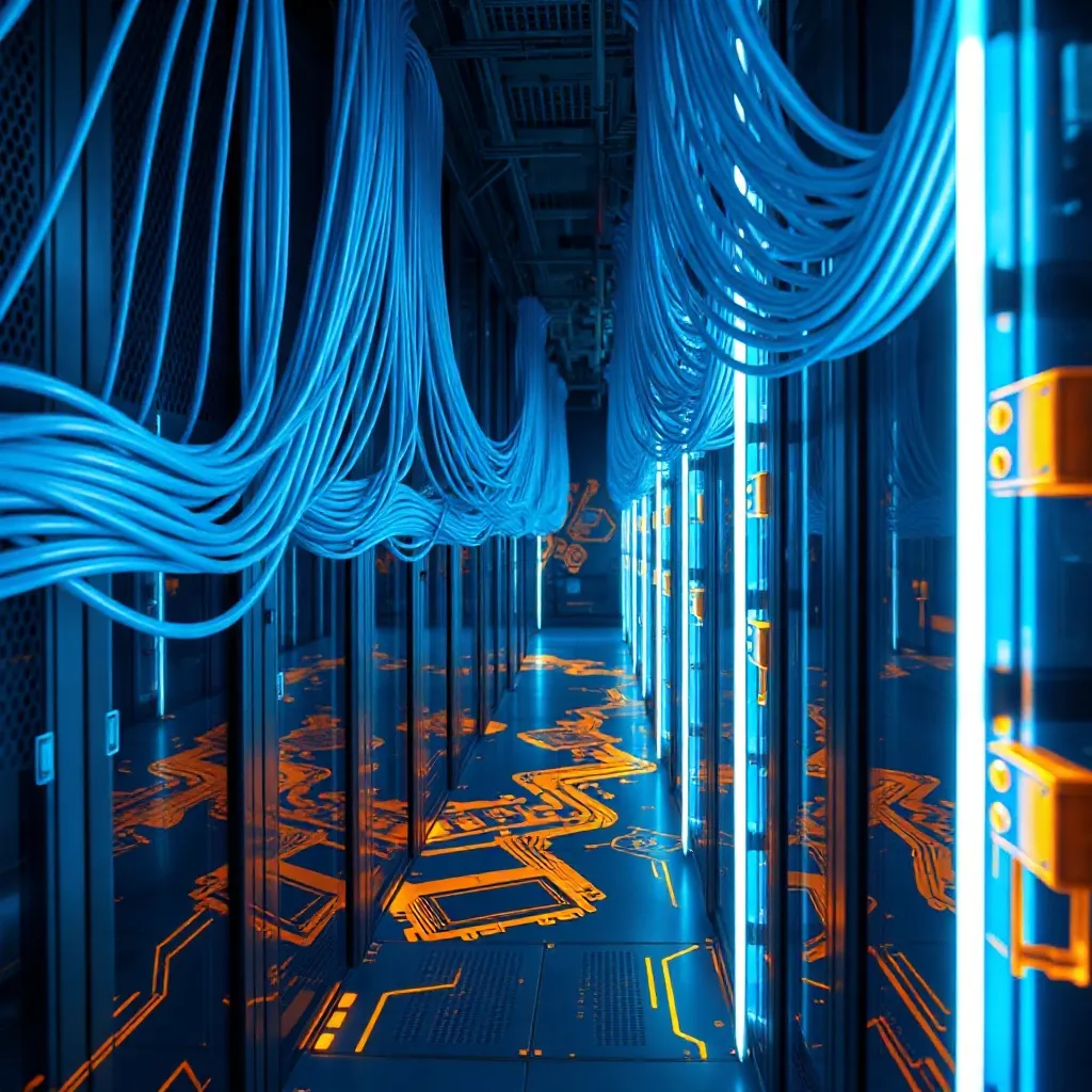High-tech server room with glowing blue cables and golden ci